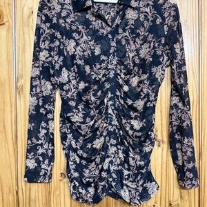 Susan Graver Black & Tan Floral Ruched Button-Front Top – Long Sleeve Blouse